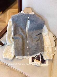 SHEIN Frenchy 女式圆领无袖串珠休闲针织套头衫 - 淺灰色 - 查看 8