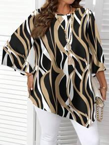 EMERY ROSE 大码休闲条纹几何图案圆领七分袖衬衫，春秋季 - 黑色 - 查看 4