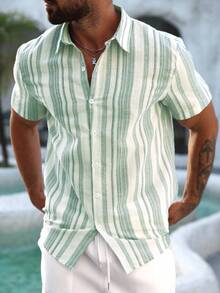 VENTUSAIL Camisa casual de manga corta con botones para hombre, de verano - Verde - Ver 4