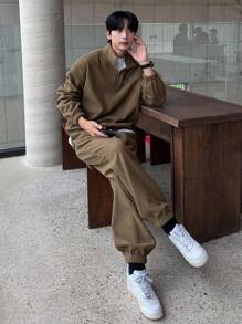 DAZY Men's Autumn Half-Zip Textured Fabric Pullover Sweatshirt & Pants Set - Khaki - View 6