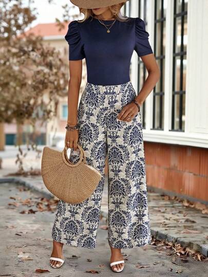 EMERY ROSE Set de 2 piezas: Camiseta de manga abullonada de unicolor y pantalones de pierna ancha con estampado floral, conjunto de atuendo para vacaciones