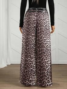 SHEIN LUNE Women's Casual Khaki Leopard Print Wide Leg Pants,Beige Autumn Winter Clothes For Women,Chic Country Brown Pants Halloween Costumes Night Casual - Khaki - View 4