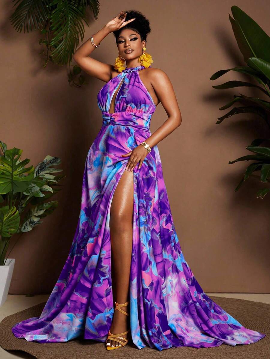 Maweii 大码度假时尚全身印花高开叉露背连衣裙 - 彩色 - 查看 1