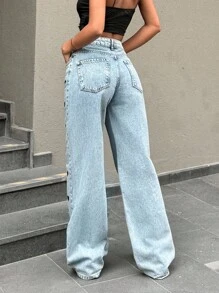 EURMUSE 100% Cotton HIGH RISE HEART EMBROIDERY DETAIL WIDELEG JEAN - Light Wash - View 2