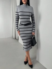 EURMUSE Vestido de punto acanalado con cinturón y rayas horizontales negras con CINTURÓN - Gris - Ver 7