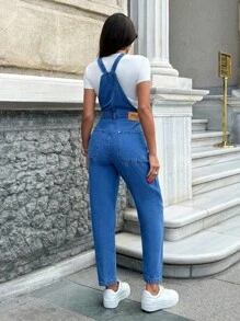 SHEIN Cottnline 100% Cotton Rigid Slant Pocket Denim Overalls - Medium Wash - View 2