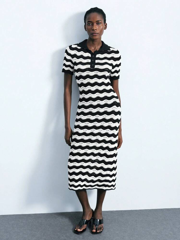 SHEIN Maija 2025 Black & White Contrast Color Knitted Long Dress For Women Black And White Dress Women Knit Dress Women Polo Dress Mod Dress Autumn And Winter Women's Dress Featuring Artistic Stripes, Geometric Shapes, And A Unique Designer Style-An Ideal Choice For Halloween Parties.