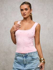 SHEIN BAE 女士夏季岛屿假期意大利度假水晶装饰方领修身吊带背心/度假背心