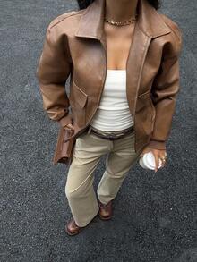 Siren Gaze Chic Brown PU Jacket For Women, 2025 New Fall Winter Clothes, Old Money Style Loose Fit Zip - Up With Patch Pockets, Elegant Casual Wear For Party/Commuting/Street Outfits, Must - Have Winter Jackets