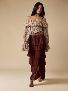 MISSGUIDED Chân váy dài Maxi voan xếp nếp nhiều tầng xẻ tà hai bên, thích hợp cho tiệc cưới bãi biển, tiệc tùng, tiệc mùa hè theo phong cách Bohemian - Màu nâu Sô-cô-la - Xem 5