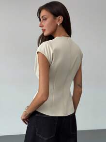 Aloruh 女士纯色圆领短袖褶裥腰身时尚衬衫，适合秋季穿着，也适合所有女性，秋季女装，秋季女装，教师款，商务休闲女装，商务休闲女装，商务休闲女装，教师衬衫，简约优雅修身杏色衬衫，适合办公室通勤，优雅女式衬衫，时尚女式衬衫 - 杏色 - 查看 3