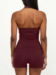 SHEIN 2件套夏季性感纯色露背吊带上衣和短裤 - 酒紅色 - 查看 2