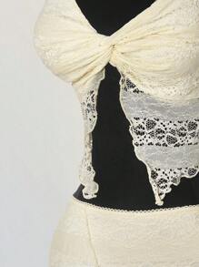 SHEIN ICON Conjunto de verano y primavera para mujer con falda asimétrica de cintura baja con volantes y top halter de cuello anudado de encaje jacquard texturizado en estilo bohemio retro y sexy en color albaricoque - Albaricoque - Ver 9