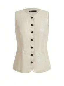 SHEIN x PRISCILA & JIMENA MOTF PREMIUM LINEN SINGLE BREASTED WAISTCOAT - Apricot - View 4