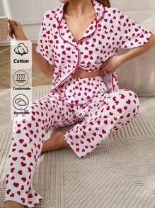 RueChic Women Contrast Colour Piping Detail Buttın Front Heart Pattern Homewear PJ Set - White - View 1