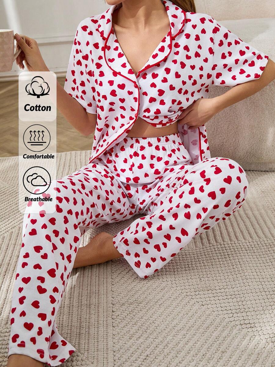 RueChic Women Contrast Colour Piping Detail Buttın Front Heart Pattern Homewear PJ Set - White - View 1