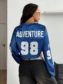 Coolane Women's Fall All-Season Going Out Cool Y2K Blokecore Vintage Sport Soccer Jersey Letter Print Cropped Versatile Long Sleeve Blue Jersey T-Shirt - Blue - View 5