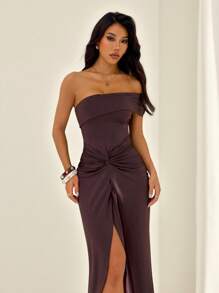 SHEIN PETITE 优雅一字肩露肩腰扭花装饰收腰显瘦高开叉小性感长款连衣裙适合秋冬 - 咖啡棕 - 查看 6