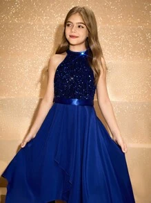 Girls' High-End Beaded Patchwork Woven Halter Asymmetrical Hem Long Dress, Suitable For Wedding, Performance, Birthday Party, Graduation, Christmas, Halloween Fall Winter - Blue - View 10