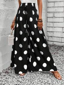 SHEIN LUNE Quần ống rộng dáng suông thoải mái, họa tiết chấm bi, cạp chun, dành cho nữ, kiểu dáng giáo viên, thích hợp mặc ở nhà. - Đen và trắng - Xem 3