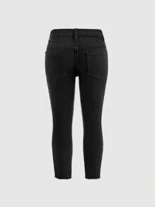 SHEIN 年轻女孩休闲磨边口袋水洗牛仔裤