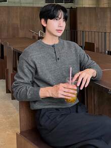 DAZY 男士半拉链圆领深灰色花卉针织毛衣，秋季 - 灰色 - 查看 4