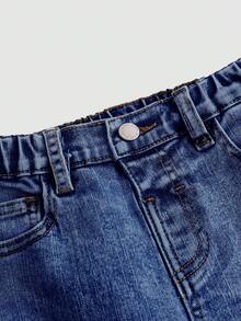 SHEIN Young Girl' Pink Bow Decor Blue Denim Elastic Skinny Flare Jeans ,Kid Girls Spring And Summer Casual Vacation Country Boho Wear, Beach Outfits For Kid Girls,Western Street Wear For Girl,Spring Break Outfits,Rave Outfits Festival Denim Bell Bottoms, Girls Jeans With Bows, Jeans With Pink Bows Fall Winter - Dark Wash - View 3