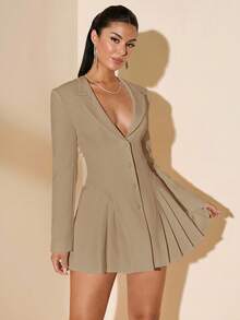 SHEIN BAE Váy xếp ly thanh lịch dành cho nữ, cổ chữ V sâu, cổ ve, cài nút phía trước, tay dài, màu trắng trơn, mùa hè - Màu Khaki - Xem 5