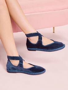 CUCCOO DOLLMOD CUCCOO Women's Navy Blue Velvet Comfortable Soft Criss-Cross Mary Jane Flats For Christmas Spring Shoes - Dusty Blue - View 4