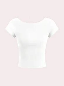 SHEIN EZwear 2 件套休闲纯色深玫瑰棕色和白色露背圆领短袖短款 T 恤，适合夏季穿着 - 彩色 - 查看 3