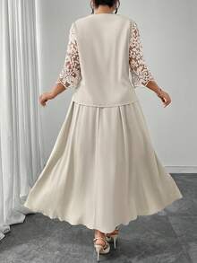 Modelyn 蕾丝拼布衬衫搭配珍珠装饰松紧腰裙，时尚修身两件套，适合优雅女士，加大码 - 米色 - 查看 2