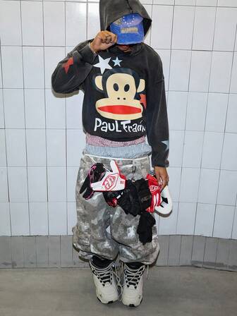Paul Frank X ROMWE Men's Casual Everyday Letter & Monkey Print Drop Shoulder Oversize Washed Hoodie