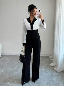 Elenzga Elegantes romantisches Urlaubs- & Büro Outfit, Zweiteiler aus Schwarz-Weiß-Farbblock Hemd und Hose