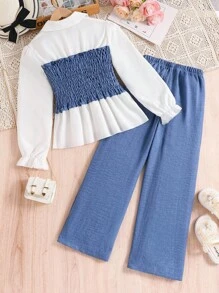 Tween Girl Solid Color Patchwork Long Sleeve Casual Top & Pants 2pcs Outfit, Cute For Spring/Autumn - Dusty Blue - View 3