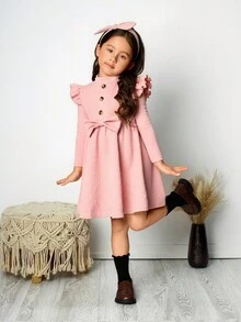 SHEIN 年轻女孩休闲复古优雅立领纹理提花纽扣系带长袖宽裙连衣裙。长袖连衣裙。秋季连衣裙。派对连衣裙。简单休闲，可爱优雅。秋季连衣裙。日常穿着。适合秋冬。 - 粉色 - 查看 10