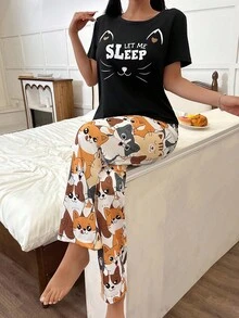SHEIN Conjunto de pijama de mujer con estampado de gato, de manga corta y pantalón - Multicolor - Ver 5