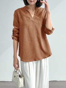 EMERY ROSE 女式春季印花缺口领 3/4 袖衬衫、工作衬衫