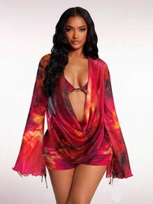 Radiana Women's Summer Sexy Sheer Mesh Marble Tie-Dye Floral Print Casual Vacation Outfit - Backless Long Sleeve Draped Neck Cover Up + Spaghetti Strap Bra Top + Drawstring Ruched Shorts 3-Piece Set, Island Holiday Beach Wear, Bikini Cover Up - Hot Pink - View 4