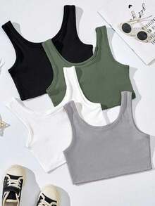 4 pièces/set Débardeur court col en U de couleur unie pour filles