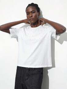 Maija Women's Spring Rhinestone Decor Design Short Sleeve Cropped White T-Shirt,Festival - White - View 6