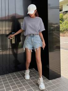 DAZY Hollow Out Heart Round Neck Oversized T-Shirt Cute Tops,Graphic Tees Preppy Tops - Purple - View 5