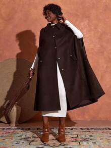 EURMUSE Women's Solid Color Single-Breasted Cape Sleeve Loose Winter Jacket - Brown - View 4