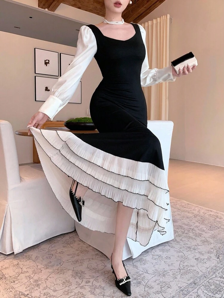 Women's Contrast Color Sweetheart Neck Puff Sleeve Fishtail Hem Elegant Dress Long Sleeve Dress Maxi Dress