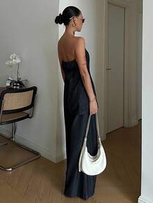 DAZY High-End Denim 2 Pieces Set With Strapless Cropped Top & Casual Pants, Chic Style - Dark Wash - View 5