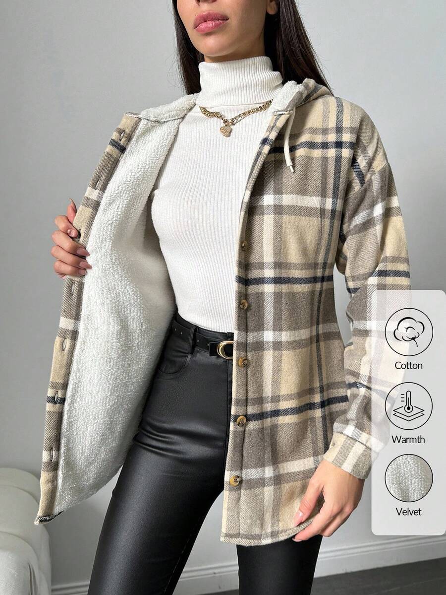 SHEIN Cottnline Cotton Ladies' Plaid Drawstring Hooded Regular-Fit Jacket - Multicolor - View 1