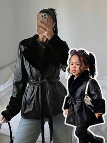 TaviRue Mommy And Me Matching Outfits(2 Pieces Are Sold Separately)Babygirl Cute Black PU Leather Jacket With Fleece Collar, Back To School,Autumn/Winter Fall - Black - View 12