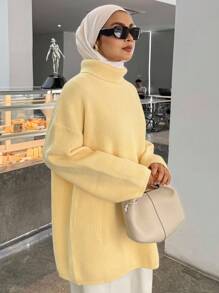 DAZY Women's Solid Color Drop Shoulder Long Sleeve Loose Casual Sweater, Autumn/Winter,Fall Women Clothes Turtleneck Women Modest Fashion School - Yellow - View 7