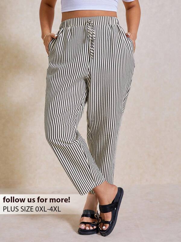 Elaquor Plus Size Casual Minimalist Black & White Striped Pants, Suitable For All Seasons