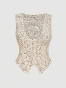 SHEIN MOD Plus Size Apricot Sheer Hollow Out Cardigan, Vintage Hollow Out Blouse,Back To School Crochet Vest Women Knit Top Women,Fall Clothes For Women - Apricot - View 1