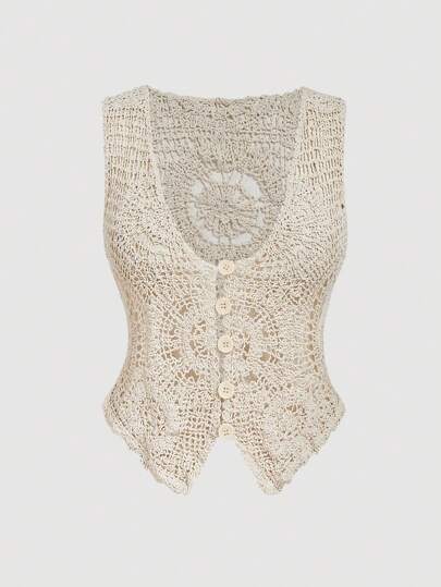 SHEIN MOD Plus Size Aprikos Transparent Hollow Out Kofta, Vintage Hollow Out Blus